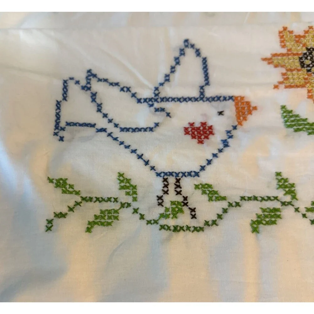Hand Cross stitched Pillowcases Floral Bird Standard Sz Farmhouse Cottage